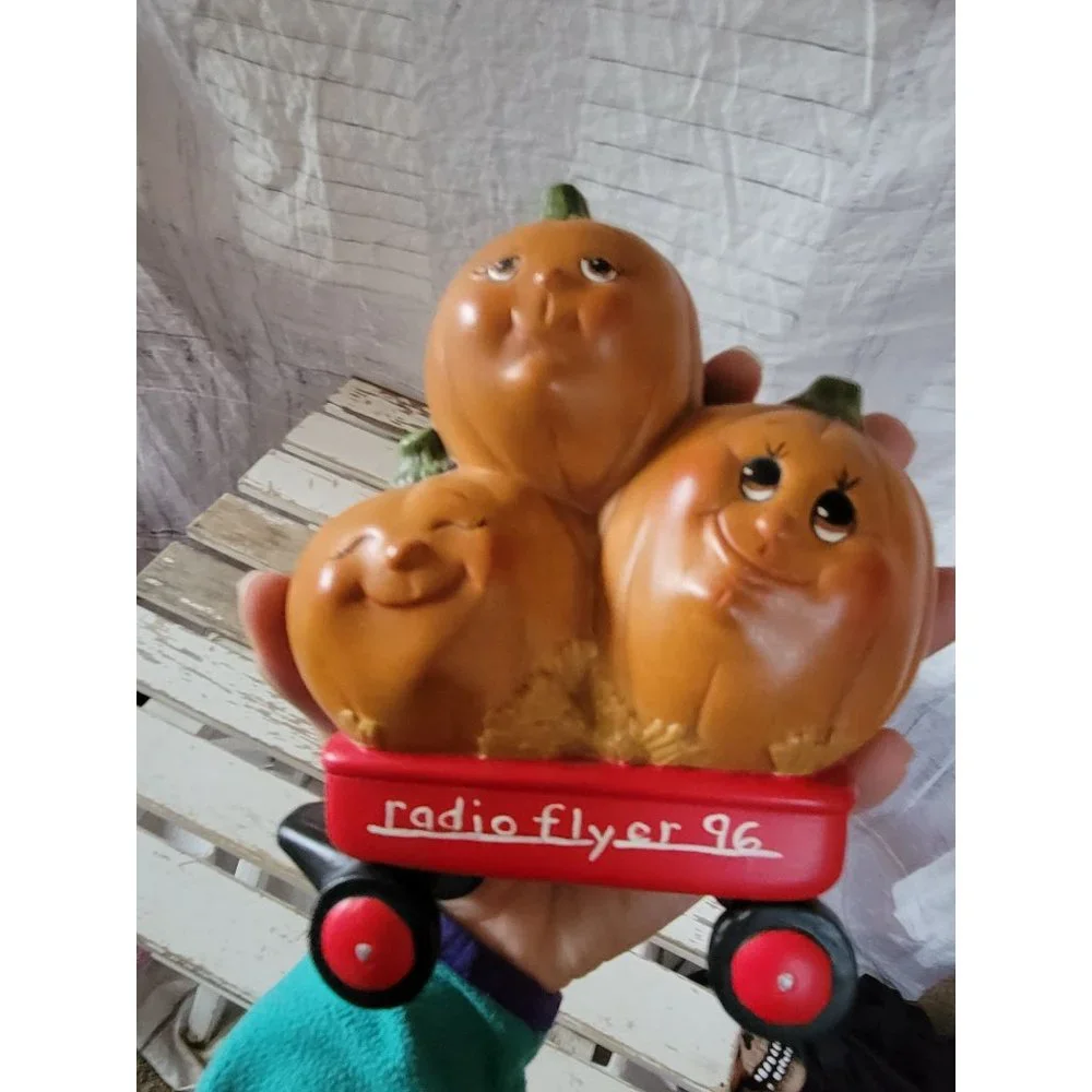 Ceramic pumpkin steampunk radio flyer‎ wagon Halloween prop kitchen home decor